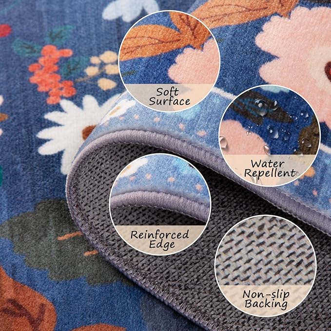 RELEANY Floral Nursery 2x10 Area Rugs Washable Print Boho Cute Carpet Non Slip Flower Low Pile for Living Room Kids Girls Playroom Bedroom Kitchen Office Farmhouse-Blue/Grey