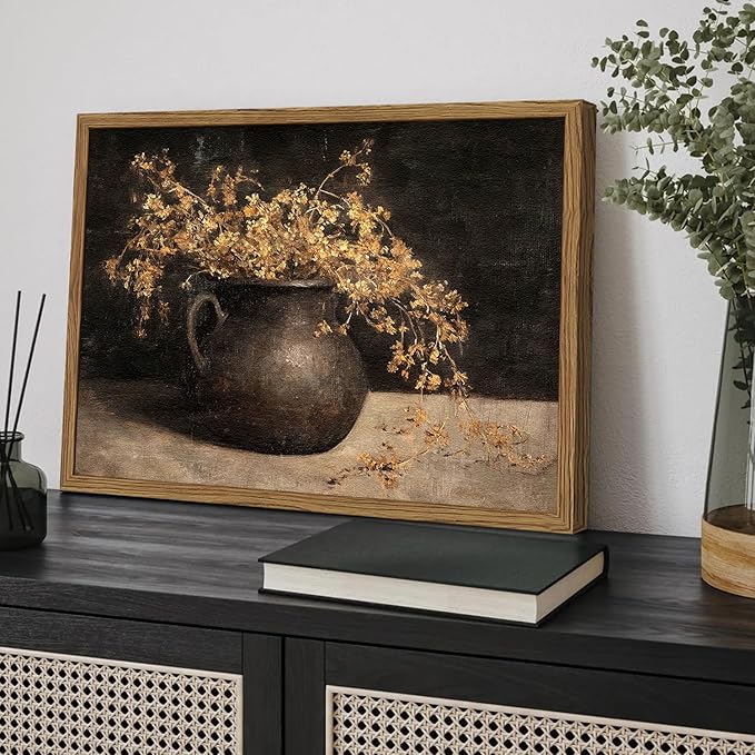Framed Vintage Floral Wall Art, 3D Textured Sandstone Dark Still Life Flowers Wall Decor Paintings, Rustic Botanical Pictures Prints Aesthetic Home Decor for Living Room Bedroom 12x16 inch
