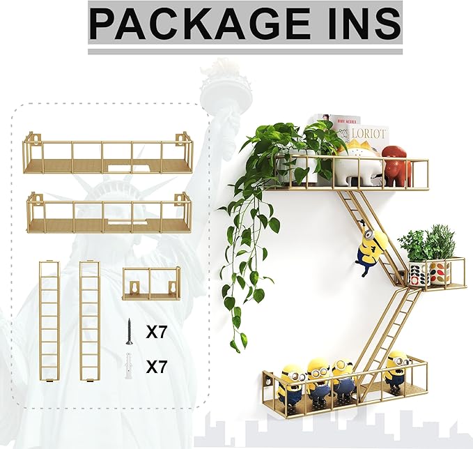 Fire Escape Shelf - 3 Tier Metal Glod Fire Escape Wall Shelves with Baskets, New York Action Figurine Display Shelf, Unique Rustic Floating Decorative Wall Shelves for Any Room