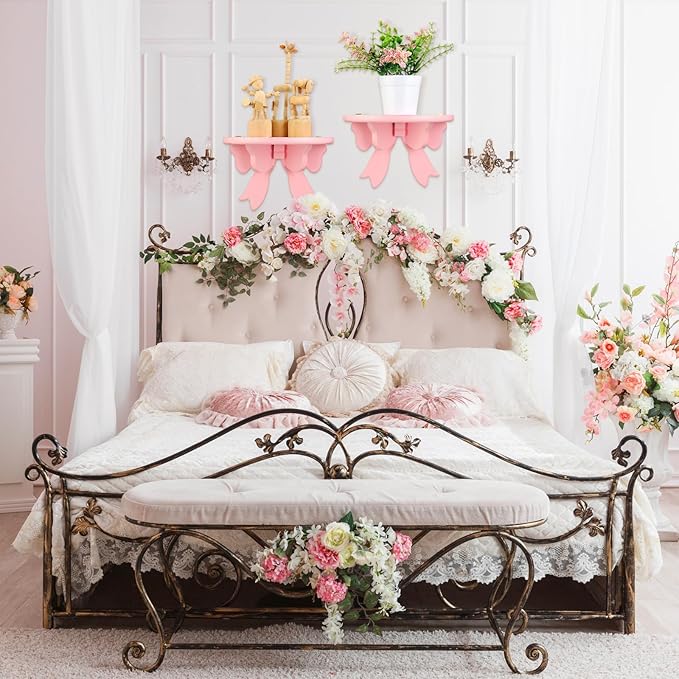 Pinkunn 2 Pcs Bow Floating Shelves Kawaii Shelf Book Stand Farmhouse Rustic Corner Wall Shelf Wooden Bow Tie Rack Princess Room Decor for Nursery Home Bedroom Office Wall Decor(Pink)