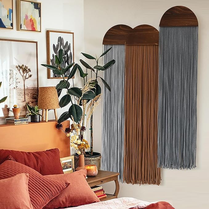 Macrame Wall Hanging 3Pcs Boho Wall Decor Handmade Macrame Art Fringe Design Wedding Macrame Backdrop Headboard Wall Decor 10" W x 40" L