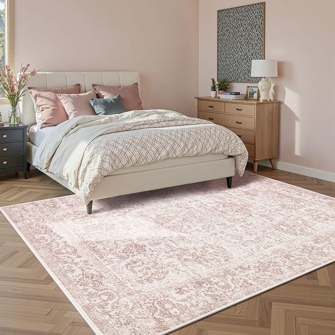 Rugxara 6x9 Washable Area Rug for Living Room & Bedroom, Large Light Pink Rugs for Women, Non Slip, Durable Low Pile Carpet, Vintage Carpets for Office, Dining Room, Kids Room and Farmhouse