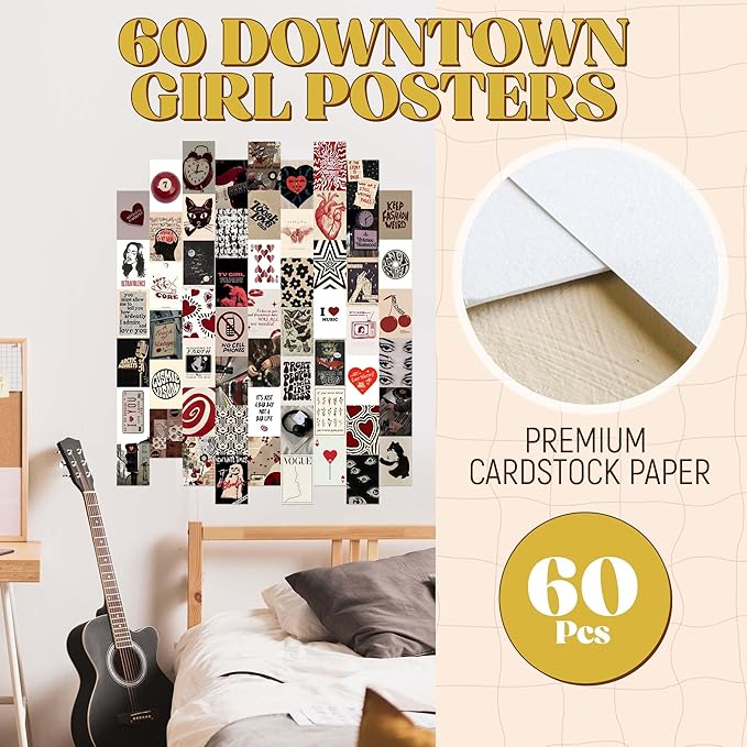 60 pcs Downtown Girl Room Décor, Coquette y2k 2000’s Grunge Posters, Retro Music Wall Art for Bedroom, Trendy Vintage Funky College Dorm Wall Collage Kit Aesthetic Pictures