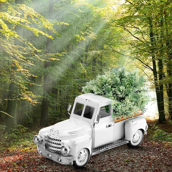 Farmhouse White Truck Decor, Vintage Metal Rustic Outdoor/Indoor Pickup Planter, Decorative Tabletop Storage, Farm Table Car Model Gift