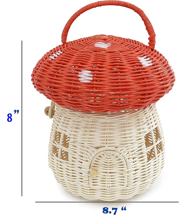 KOLWOVEN Mushroom Basket- Mushroom Home Decor Box With lid Shelves- Rattan Mushroom Newborn Photography Props in Tent, Kitchen - Bag for Kid - Wicker Basket Purse (Red Color)