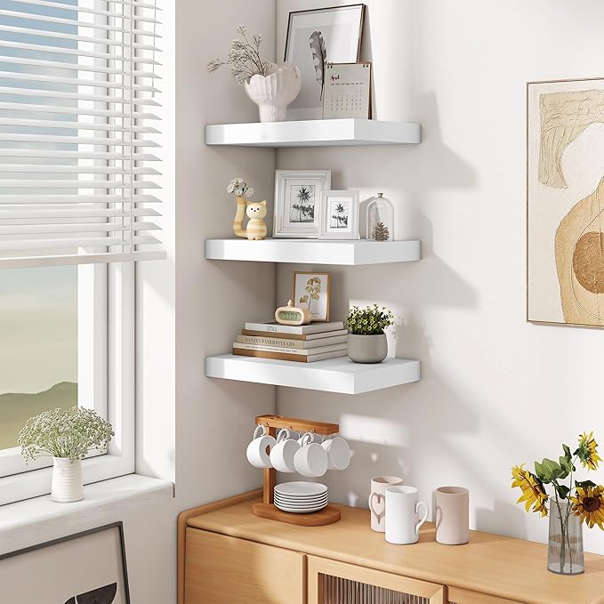 Fun Memories Wood Floating Shelves 16 Inch, 10 Inch Deep Shelves Wall Mount, Wall Shelves with Invisible Bracket, 16" Floating Shelves for Living Room Bathroom Bedroom, White, Set of 2