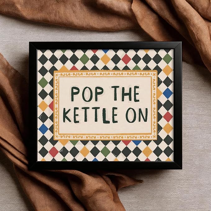 Modern Colorful Eclectic Wall Art Pop The Kettle On Minimalist Quote Poster Vintage Aesthetic Canvas Prints for Living Room Kitchen Gallery Wall Decor 12X16 inch Aluminum Framed