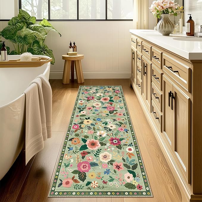 RELEANY Floral Nursery 2x10 Area Rugs Washable Print Boho Cute Carpet Non Slip Flower Low Pile for Living Room Kids Girls Playroom Bedroom Kitchen Office Farmhouse-Light Green