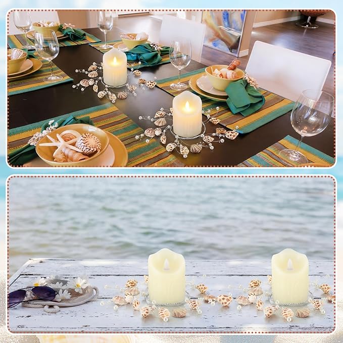 Daifunli 2 Pcs Summer Sea Shell and Pearl Candle Ring Artificial Sea Shell and Pearl Wreaths for Pillar 3.9 Inch Candles Holder for Summer Country Wedding Kitchen Rustic Table Centerpiece Decor