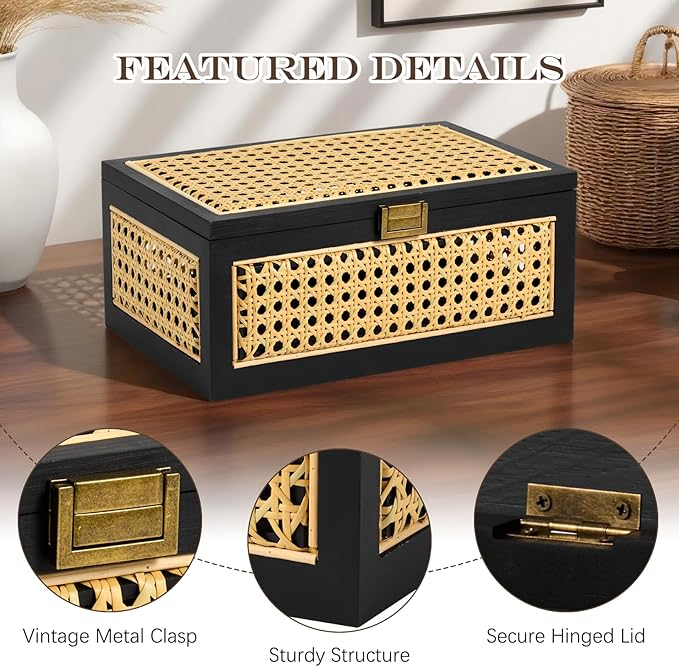Rattan Storage Boxes Decorative Handmade Natural Wood Baskets with Lid Wooden Frame Boho Rustic Wicker Box Stacking Woven Cane Bins Shelf Closet Desk Organizer Container (Black, Large)