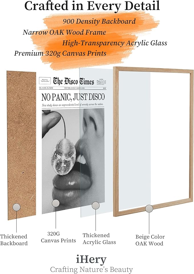 iHery No Panic Just Disco Framed Trendy NewsPaper Wall Art,Beige OAK Wood Large 16x20in Canvas Bedroom Wall Art Decor, Cherry Disco Ball Headline Magazine Poster For Dorm Living Room Home 1Pack