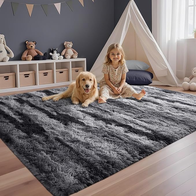 4x6 Feet Area Rugs for Bedroom, Black and Silver Plush Fluffy Shaggy Living Room Rugs Non-Slip, Ultra Soft Carpet for Nursery Kids PlayRoom Dorm Office Indoor
