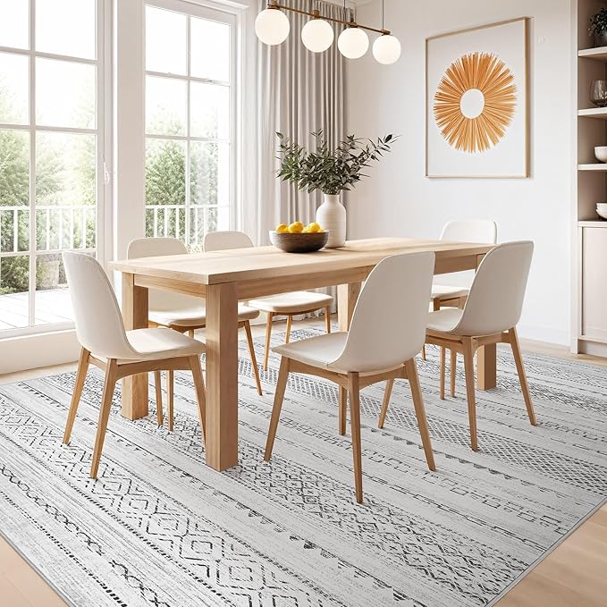 Nakagishi 7x10 Area Rug Living Room: Washable Boho Large Neutral Modern Soft Farmhouse Rugs Stain Resistant Indoor Floor Non-Slip Carpet for Bedroom Nursery Kids Playroom Office Dining Room- Grey