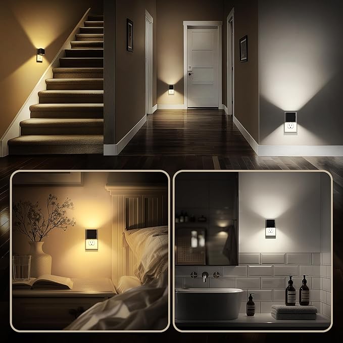 DORESshop Night Lights Plug Into Wall, [2 Pack] Plug in Night Light with 3 Color Temperatures, Dusk to Dawn Sensor, Night Light for Hallway Bathroom Stairway Bedroom, Black