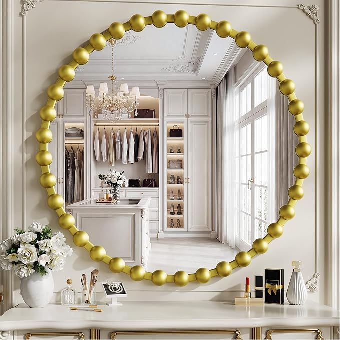 Round Vanity Mirror for Wall, 36 Inch Beaded Frame Circle Mirror for Bathroom, Bedroom Dresser, Entryway, Living Room, Decorative Hanging Wall Mirror, Gold