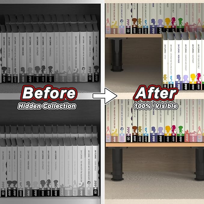 Manga Shelf Risers, 2 Pack Bookshelf Risers for Double Row Book Display, Height Adjustable, Light Wood Finish, Space Saving Organizer for Manga, Figures & Collectibles