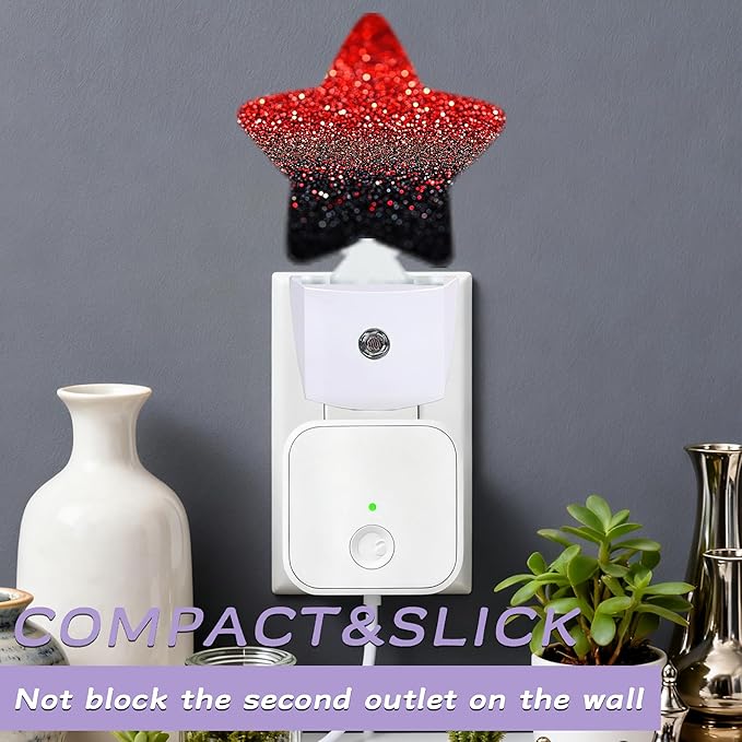 Red Black Night Lights Plug Into Wall,Glitter Sparkling Dusk to Dawn Light Sensor Night Light for Kids,Energy Efficient Sleep Friendly Lamp for Bedroom Bathroom Nursery