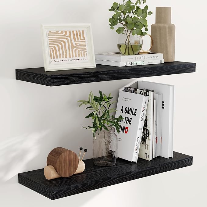 Fun Memories 32" W x 9.3" D Floating Shelves in Black, Rustic Wood Deep Shelves for Bedroom, Kitchen, Living Room, Long Floating Shelf for Wall, Storage Display Wall Shelf for Books Decor