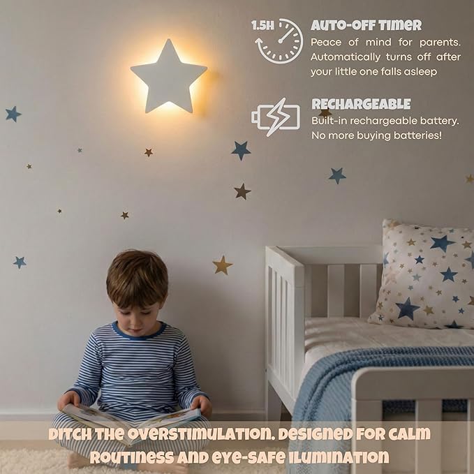 KALEOLI Star Wall Night Light with 106 Moon and Stars Wall Decals Set for Nursery – Rechargeable & Dimmable Crib and Toddlers Night Light - 90 Min Timer for Bedtime Routine