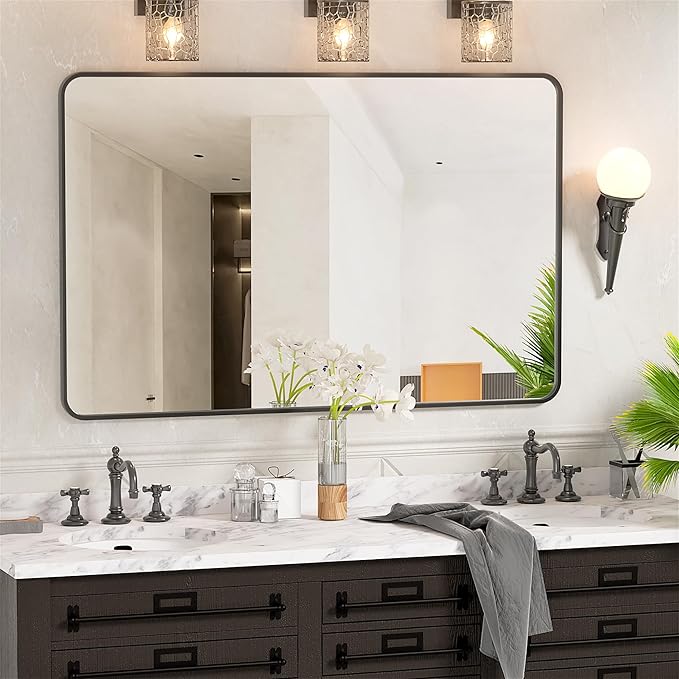 Antok Bathroom Mirror, 48"x30" Wall Mirror, Decorative Mirrors Vanity Mirror Aluminum Alloy Frame Contemporary Rectangular Hanging Mirror for Living Room Bathroom Entryway,Black,Round Corner