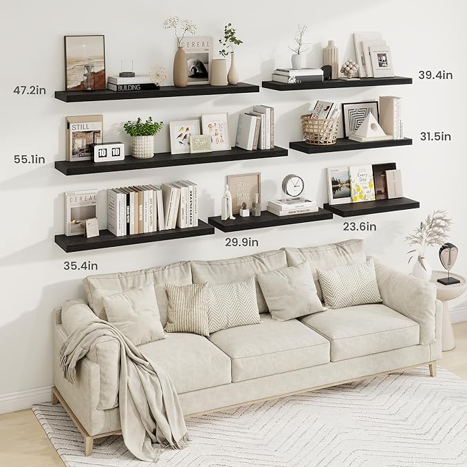 Fun Memories 48 Inch Black Floating Shelves, 9.3 Inch Deep Wall Shelves for Living Room|Bedroom|Kitchen, Rusitc Wall Mounted Bathroom Shelves 2 Pack, Heavy-Duty Deep Shelf for Books，Decor
