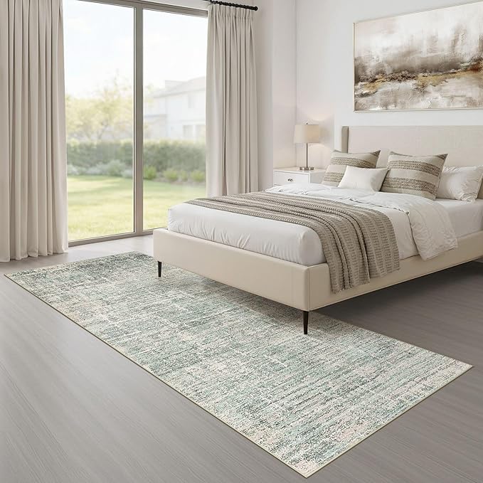 Runner Rug Non-Slip Kitchen Rug: 3x10 Washable Abstract Modern Soft Stain Resistant Indoor Floor Neutral Accent Throw Carpet for Hallway Bathroom Laundry Room Bedroom Entryway- Green
