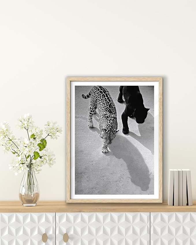 EcoHest Unframed Cheetah and Jaguar Walking Wall Art, 12x16 in OAK Wood Vintage Black and White Funny Bathroom Canvas Art, Fashion 1950s Poster Decor, Beige Logs Set of 1 for Bedroom Living Room