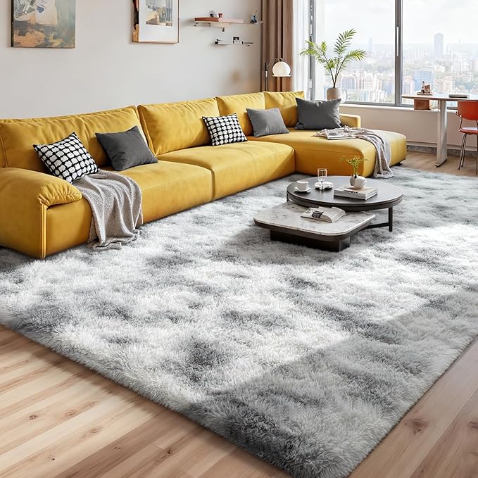 Modern Soft Fluffy Small Shaggy Rug for Bedroom Livingroom Dorm Kids Room Indoor Home Decorative, Non-Slip Plush Furry Fur Area Rugs Comfy Nursery Accent Floor Carpet 5X7 Feet, Tie-Dyed White Grey