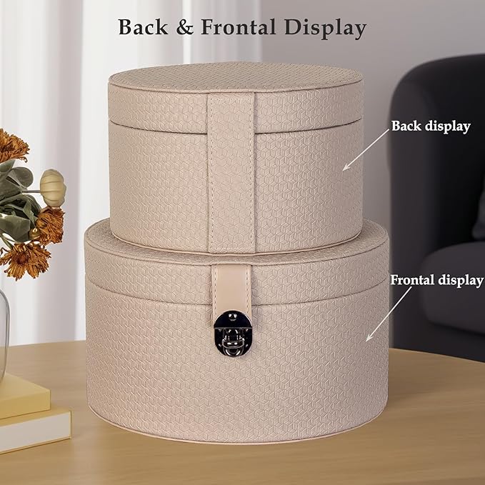 Large Leather Decorative Boxes Set of 2 Round Hat Box Bin Basket with Lid for Shelf Coffee Table Storage Remotes Modern Home Decor (light brown)