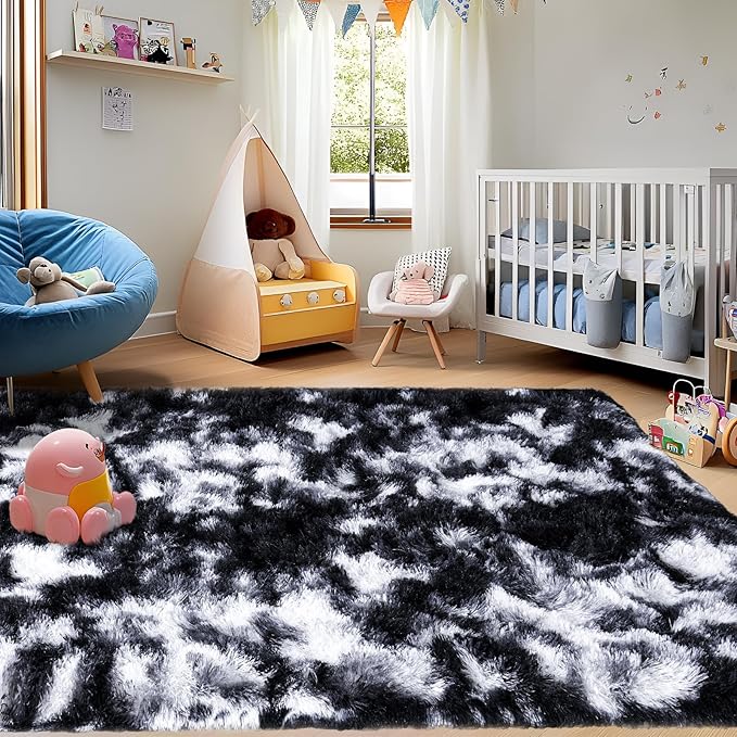Ultra Soft Rugs for Living Room Bedroom, 5x7 Area Rugs for Living Room, Modern Shaggy Carpets Fuzzy Rug for Boys Girls Dorm Nursery Home Decor Aesthetic, Upgrade Non-Slip Durable, Black and White