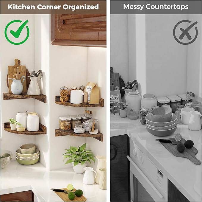 Corner Shelves 3-Pack for Bathroom & Kitchen, Space-Saving Floating Corner Wall Shelf with Easy Installation- Brown