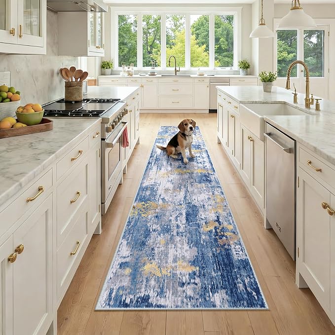 RELEANY Washable Area Rugs 2x9 Non-Slip Modern Abstract Soft for Living Room Entryway Bedroom Nursery, Print Pattern, Grey Blue Gold/Golden