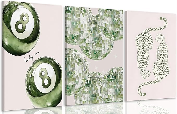 3Pcs Framed Trendy Leopard Disco Ball Canvas Wall Art Sage Green Lucky Poster Prints Preppy Ace Cards Wall Decor pictures for Girly Bedroom Apartment Dorm Decoration
