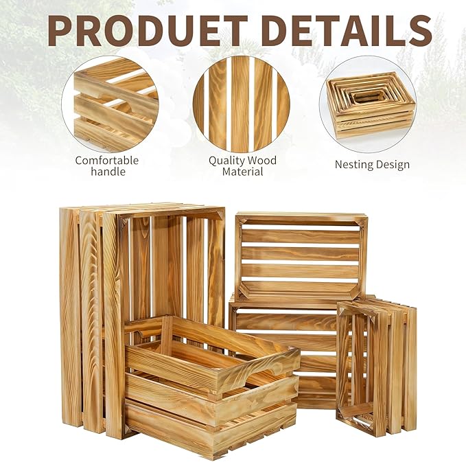 Wooden Crates for Display Large Rustic Nesting Wooden Basket with Handle, Farmhouse Wood Crate for Storage and Container, 5 Size Multipurpose Wood Basket for Fruits Vegetables Boxes XL