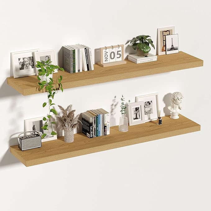 Vivelove 12 Inch Deep Floating Shelves 55 inch Long, Thick Wall Shelves with Invisible Brackets, Shelf for Bedroom Bathroom Living Room Kitchen Office, Rustic Farmhouse Decor, 55x12x1.5 Set of 2, Oak