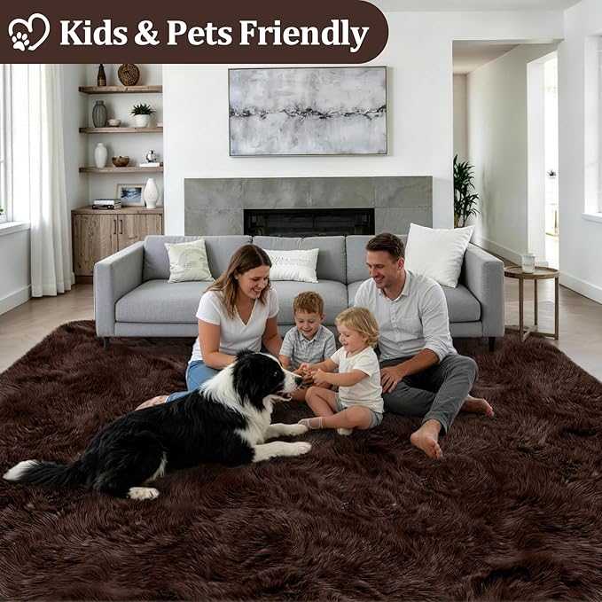 6x9 Area Rugs for Living Room Bedroom: Ultra Soft Fluffy Shag Rug Upgrade Non-Slip Non-Shedding Large Fuzzy Plush Carpet Indoor Floor Carpets for Kids Room Playroom Nursery Dorms Home Decor Brown