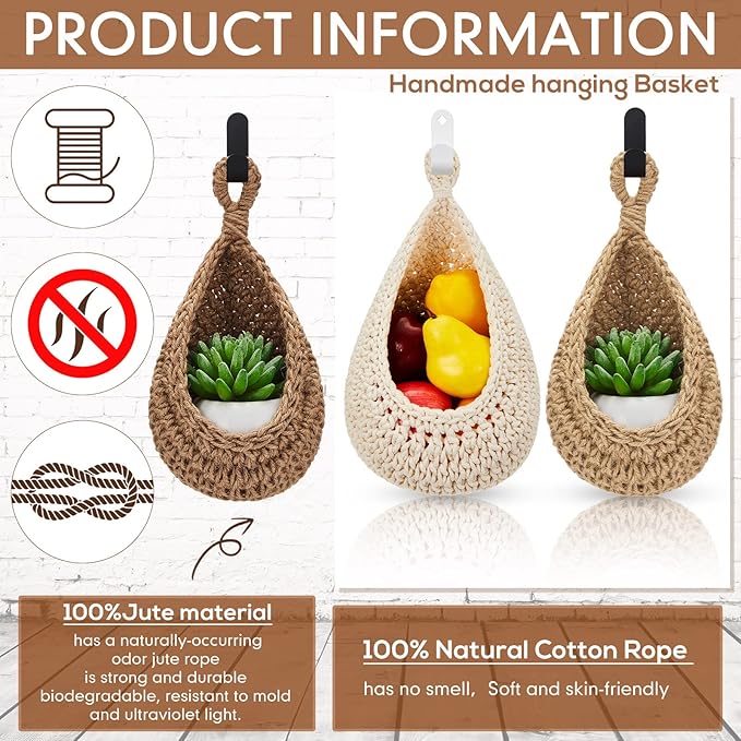 Honeydak Boho Decor Hanging Wall Baskets for Kitchen 3 Pack Teardrop Baskets with Hooks Storage Fruit Onion Vegetable Potato for Home 3 Sizes(Light Linen,Teardrop,Cotton Rope)