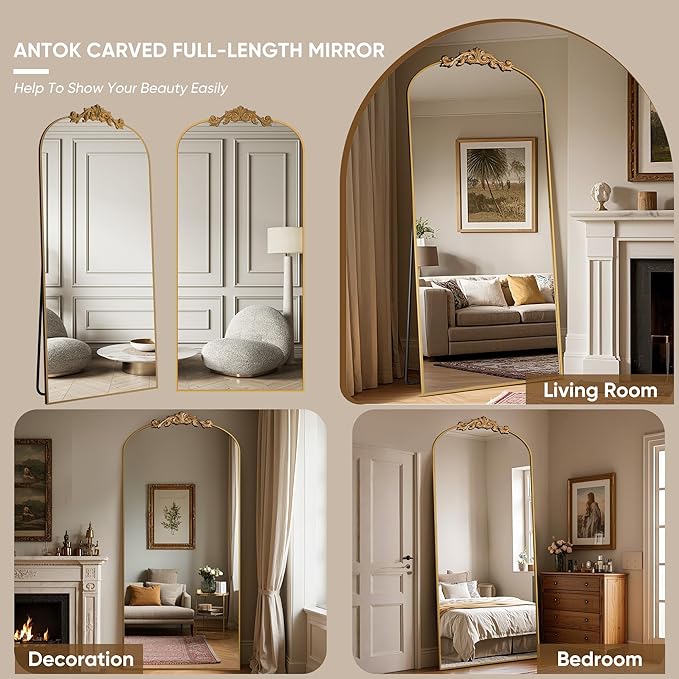 Antok Arched Full Length Mirror, 78"x38" Floor Mirror with Carved, Full Body Mirrors for HomeDecor, Standing/Halling Large Wall Mirror for Bedroom, Living Room, Cloakroom, Gold, Retro Style