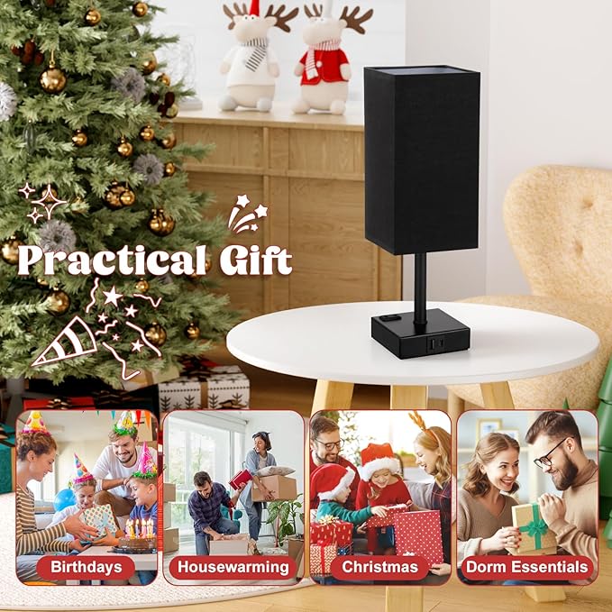 aooshine Black Bedside Lamp for Nightstand - Touch Table Lamp with Type C + A and AC Outlet, Square Charging Lamps for Bedroom Decor, Dorm Lamp for Men, E26 Bulb Included (3000K)