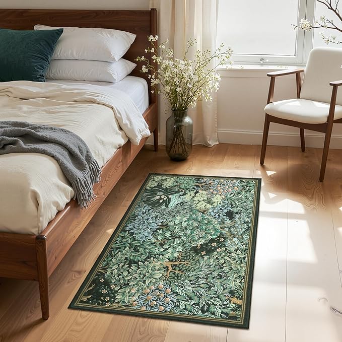 GarveeHome 2x3 Entryway Area Rug Non Slip Front Door Forest Rugs, Washable Indoor Kitchen Floor Mat Soft Low-Pile Stain Resistance Woodland Rug for Farmhouse Bedroom, Blue Green