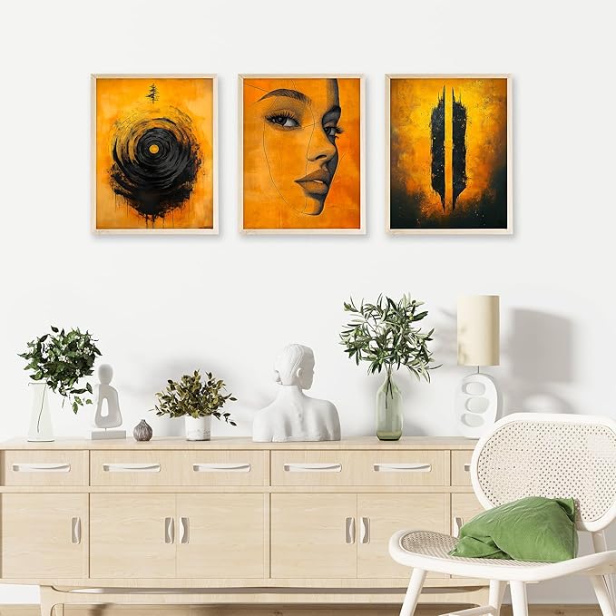 Eastern Print Set of 6 Abstract Masculine Wall Art Prints – Bold Orange & Black Lion, Silhouette, Face Line Posters – Modern Unframed 8x10 Decor for Men’s Room, Office, Man Cave or Creative Studio