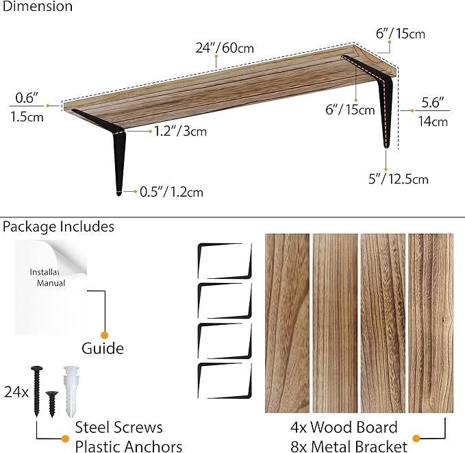 Wallniture Arras 24'' Floating Shelves, Floating Book Shelves, Wall Mounted Rustic Wood Shelf for Living Room, Bathroom Decor, Kitchen, Bedroom, Set of 4 Burnt