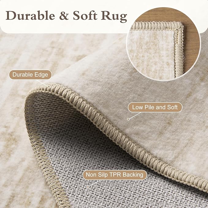 8x10 Area Rugs for Living Room Non Slip Machine Washable Rug Distressed Abstract Soft Indoor Carpet Neutral Boho Rug for Bedroom Dining Room Playroom Office, Beige