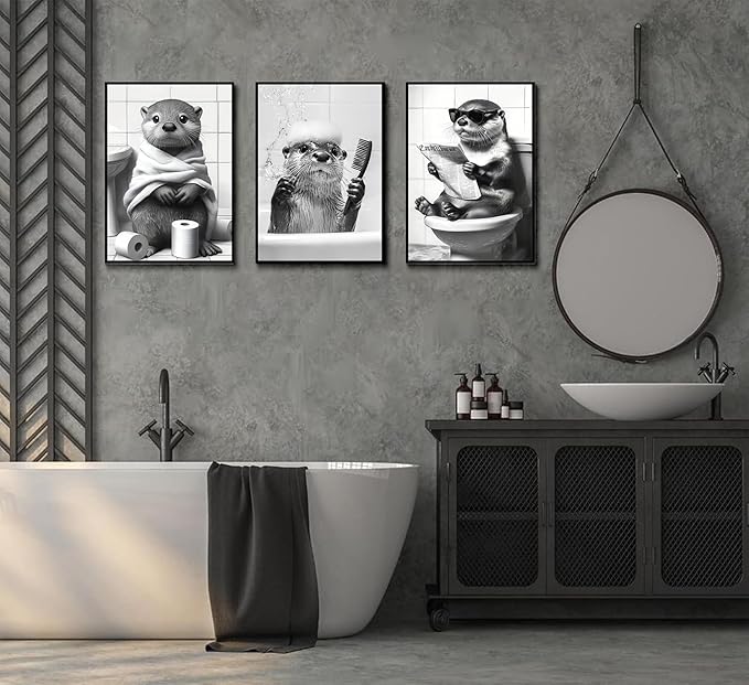 3Pcs Cute Otter Canvas Wall Art Black And White Animal Poster Print Funny otter bathing and reading newspaper Picture Painting Wall Decor for Bathroom Restroom Home Decoration Unframed