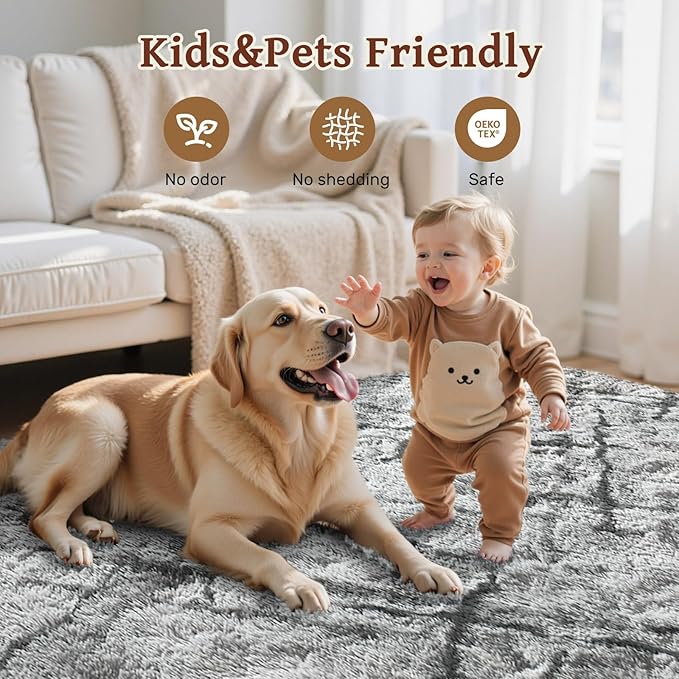 4x6 Area Rugs for Bedroom, Grey Plush Fluffy Shaggy Living Room Rugs Non-Slip, Ultra Soft Carpet for Nursery Kids PlayRoom Dorm Office Indoor