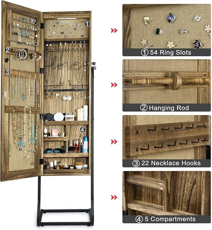 SRIWATANA Jewelry Armoire Cabinet, Solid Wood Standing Jewelry Organizer with Full Length Mirror (Carbonized Black)