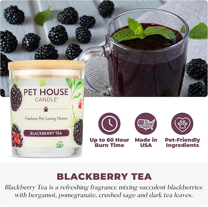 Pet House Candles, Scented Pet Friendly Candles, Clean Burning Plant-Based with a Natural Fiber Wick - BlackBerry Tea, 9 oz, 2 Pack