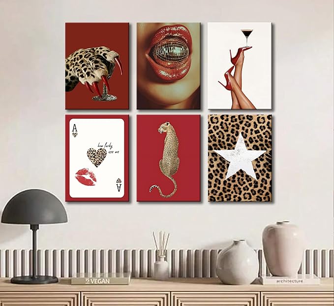 6pcs Trendy Red Fashion Leopard Wall Art Funky Lucky Wall Decor Ace Of Hearts Spades Poker Canvas Prints Vintage Room Aesthetic Pictures Posters Cheetah Painting for Girly Apartment Dorm Framed