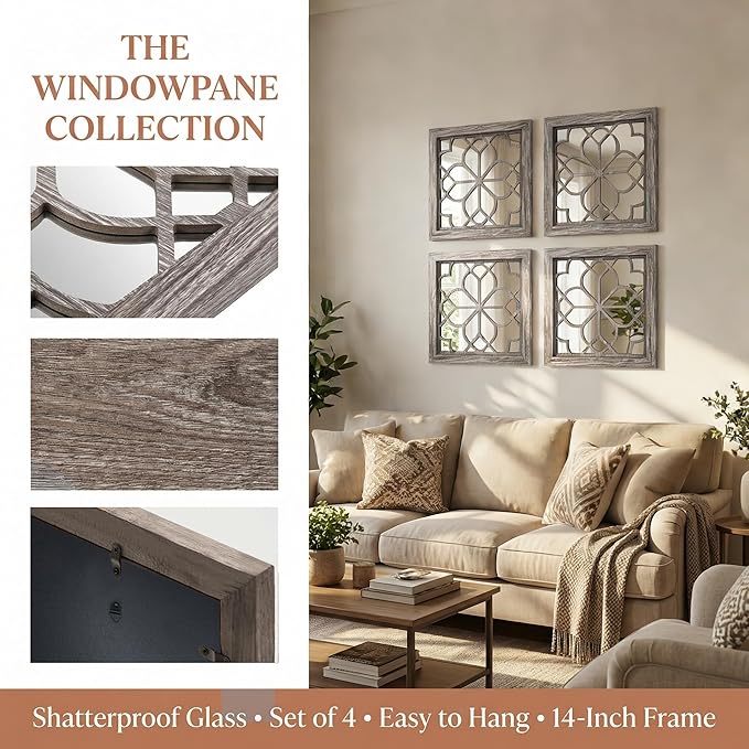 Set of 4 14 Inch Square Brown Window Pane Wall Mirrors, Shatterproof Rustic Farmhouse Boho Vintage Decorative Mirrors for Living Room Bedroom Bathroom Entryway