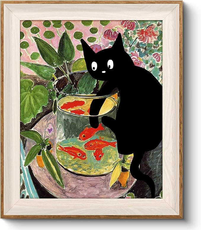 VIYYIEA Framed Wall Art for Living Room, Funny-【Fishing Cat】, 12L x 10W
